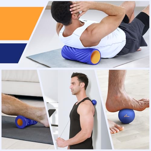 Sportneer 4 in 1 Pilates Foam Roller Muscle Relax Kit | with 2 Textured Foam Rollers Stringed Exercise Ball, Lacrosse Ball for Muscle Shoulder Back Leg Whole Body Relax Fitness Yoga - color: Blue