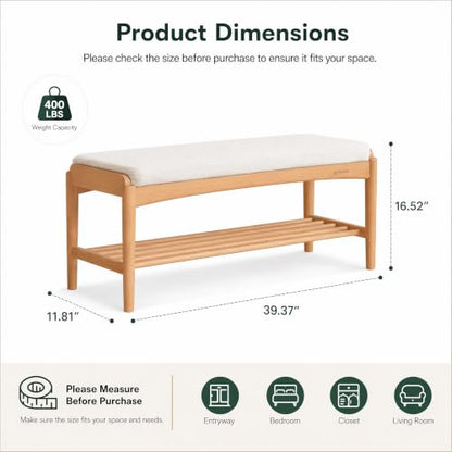Solid Wood Shoe Bench, 40 Inch Entryway Bench with Light Gray Cushion - color: Natural + Light Gray Cushion, size: 39.37"