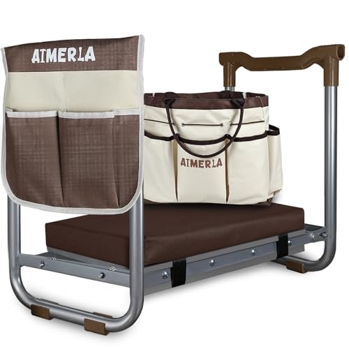 Aimerla K5 Foldable Kneeler Seat - Heavy Duty (Detachable Cloud Kneeler Pad) - Garden Stool - 2 Large Tool Bags - Portable Bench for Indoor & Outdoor - size: K5-Brown