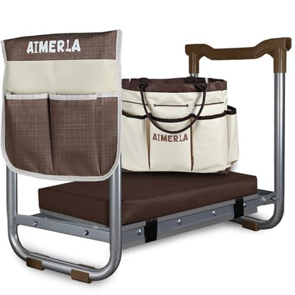 Aimerla K5 Foldable Kneeler Seat - Heavy Duty (Detachable Cloud Kneeler Pad) - Garden Stool - 2 Large Tool Bags - Portable Bench for Indoor & Outdoor - size: K5-Brown