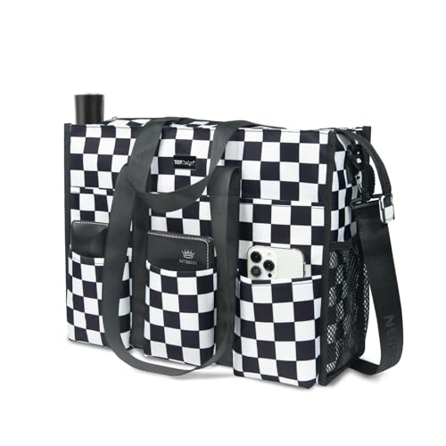 TOPDesign Utility Water Resistant Tote Bag with 22 Pockets, Top Zipper Closure & Thick Bottom Support, for Working Women - color: Checkerboard, size: Medium