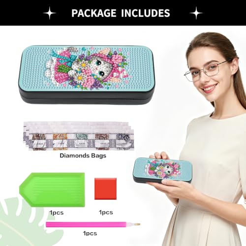 Diamond Art Painting Kit, Hard Shell Eyeglasses Glasses Case | Flower Kitty DIY Diamond Dots, Small Gem Art Paint Mosaic Kits, Cute Rhinestone Sunglasses Case for Adults Women Beginner - color: Blue Flower Kitty