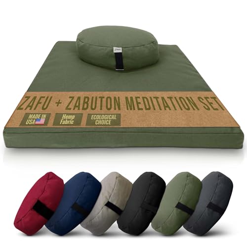 Meditation Cushion Mat Set HEMP - Large Oval Zafu Floor Pillow Organic Buckwheat Pillow + Cotton Filled HEMP Zabuton Prayer Pad - Meditation Pillow Yoga Knee Pad Made in USA - 18" Oval, CACTUS Hemp - color: Cactus - Hemp, size: Oval Combo