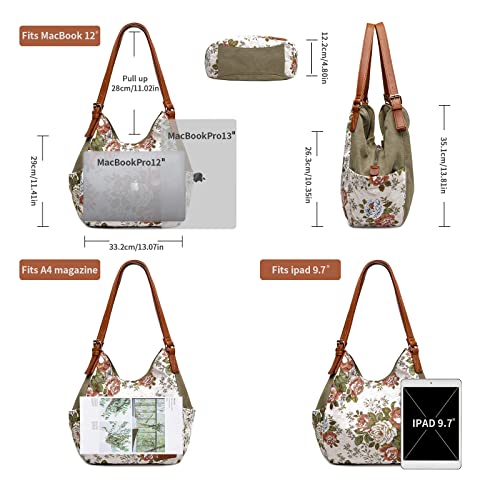 Worldlyda Women Canvas Hobo Purse Multi Pocket Tote Shopper Shoulder Bag Casual Top Handle handbag with Embroidery Ethnic - color: Be06army Green Flower