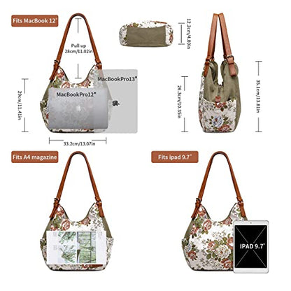 Worldlyda Women Canvas Hobo Purse Multi Pocket Tote Shopper Shoulder Bag Casual Top Handle handbag with Embroidery Ethnic - color: Be06army Green Flower