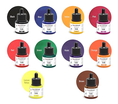 Liquidraw Acrylic Drawing Ink - 10 x 1.18 fl oz (35 ml) Bottles with Ink Dropper | Suitable for Painting, Art Drawing & Design | Great for Professionals, Artists, Students & Hobbyists | Craft Gift - style: Set of 10 (Assorted Colours)