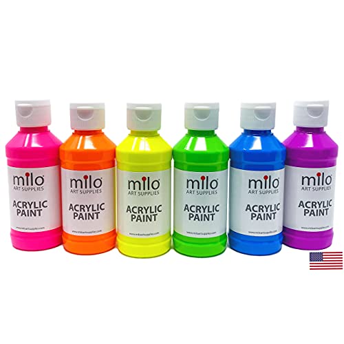 milo Fluorescent Acrylic Paint Set of 6 Colors | 4 oz Bottles | Student Neon Colors Acrylics Painting Pack | Made in the USA | Non-Toxic Art & Craft Paints for Artists, Kids, & Hobby Painters | Glows in Black Light, AP Certified Non-Toxic, Made in USA, Ar