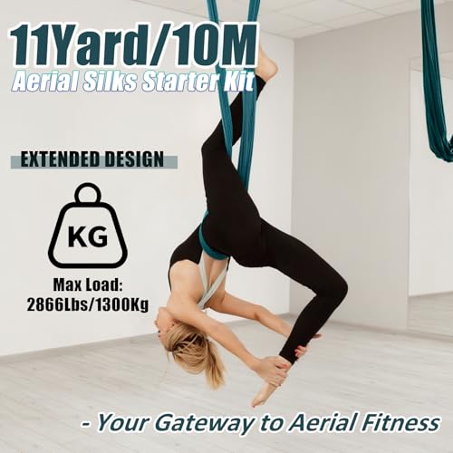 Aerial Silks Kit & Aerial Yoga Hammock - 11Yd Premium Fabric with Hardware - color: Dark Green