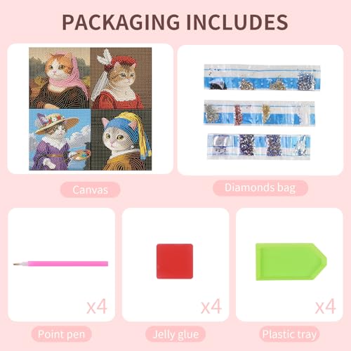 FlyingMage 5D Diamond Art Painting Kits for Adults, 4 Pack Cute Animal Full Drill Diamond Dots Paintings, DIY Diamond Crafts and Art Mosaic Kits, Kawaii Paint with Diamonds (Oil Painting Cats) - color: Oil Painting Cats