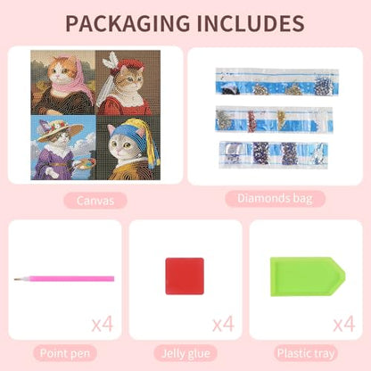 FlyingMage 5D Diamond Art Painting Kits for Adults, 4 Pack Cute Animal Full Drill Diamond Dots Paintings, DIY Diamond Crafts and Art Mosaic Kits, Kawaii Paint with Diamonds (Oil Painting Cats) - color: Oil Painting Cats