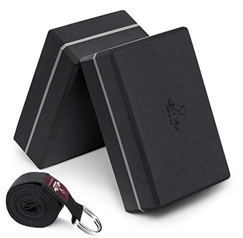 Heathyoga Yoga Blocks 2 Pack with Strap, High Density EVA Foam Yoga Block and Yoga Strap Set to Support and Improve Poses and Flexibility