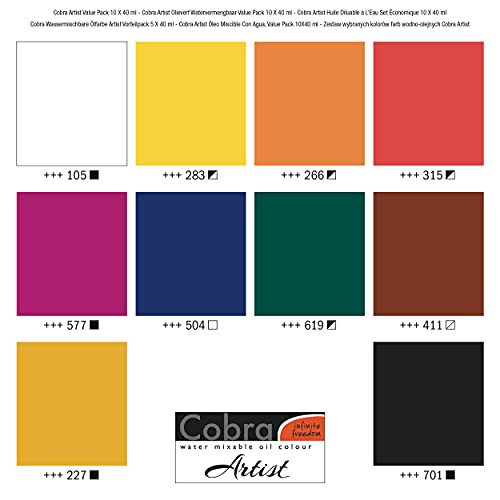 Cobra Artist Oil Colour Artist Value Pack, General, 1.3 fl oz, 10 Count | Water-Mixable Oil Paint with High Pigmentation, High Lightfastness, No Harmful Solvents, Professional-Grade - size: 10x40ml