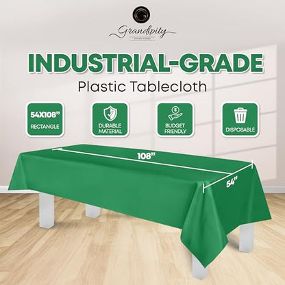 Grandipity Plastic Table Cloth Disposable 12 Pack 54” x 108” Rectangle | Green Plastic table covers, durable disposable tablecloths, fade and tear-resistent table cover for party, event
