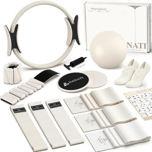 NANATI Pilates Kit, Home Pilates Workout Kit for Women, Pilates Equipment with 14.5"" Pilates Ring and Ball, Resistance Bands, Ankle Weights, Sliders & Grip Socks for Home Workouts - color: Beige