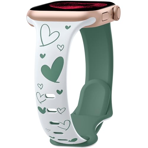 Lerobo Slim Thin Two-Tone Compatible with Apple Watch Band 40mm 38mm 41mm 42mm 44mm 45mm 46mm 49mm for Women- Soft Cute Flower/Heart Engraved Sport Band for iWatch Series 11 10 9 8 7 6 5 4 3 SE Ultra - color: A White/Pine Green, size: 44mm/45mm/46mm/49mm/