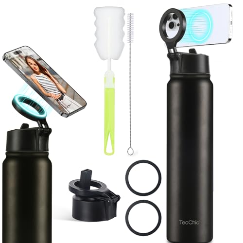 Insulated Water Bottle with Magnetic Phone Holder Compatible with MagSafe and iPhone,Double-Sided Magnet,Hot 12H Cold 24H,Stainless Steel Water Bottle Phone Mount for Sports Travel,24oz (Black) - color: Black