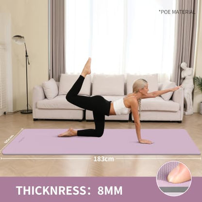8mm Extra Wide 80cm Yoga Mat Non Slip | Spacious 80cm x 72" mat for tall users, gym, pilates. POE, reversible dual-color, non-slip, tear-proof, odorless, strap. - color: Taro Purple+Gray