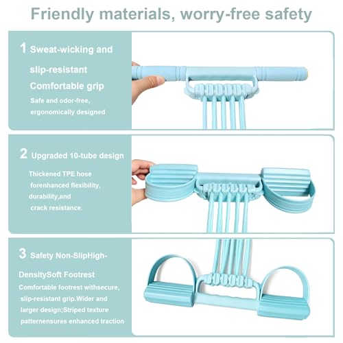 3-in-1 Pedal Resistance Band with Handles,10-Tube Multi-Functional Pedal Resistance Band,Natural Rubber Tension Rope for Abs,Arms,Waist,Legs & Home Fitness - color: blue