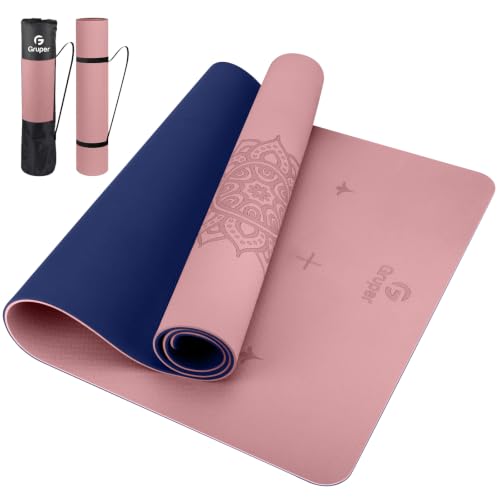 Gruper Yoga Mat Non Slip TPE Extra Wide Yoga Mat with Alignment Mark, 72"L x 32"W x 0.32"/0.24"Th (183cm x 80cm x 8mm/6mm), Anti-Tear Exercise Mat with Carrying Strap and Bag, Workout Mats for Yoga, Pilates - color: PINK BLUE, size: 0.32*32*72 Inches