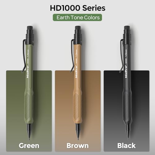 Nicpro 1.3 mm Mechanical Pencils Set 3 Colors, HD1000 1.3 Lead Pencil, 3Pcs | 51 Refill, 3 Eraser -Weatherproof Barrel Pencil, Heavy Duty Carpenter Pencil for Outdoor Marking Drafting Drawing Woodworking - color: Black,Green,Brown, size: 3 Pack