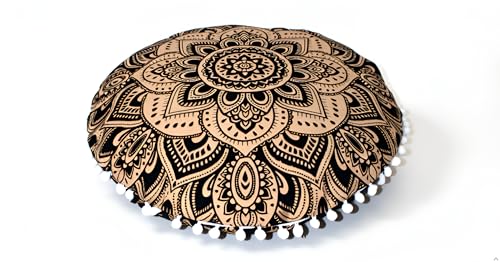 32" Black Gold Mandala Barmeri Large Floor Pillow Cover Cushion Meditation Seating Ottoman Throw Cover Hippie Decorative Zipped Bohemian Pouf Ottoman Poufs, Pom Pom Pillow Cases - size: 32" x 32" (Pack of 1), style: Bohemian