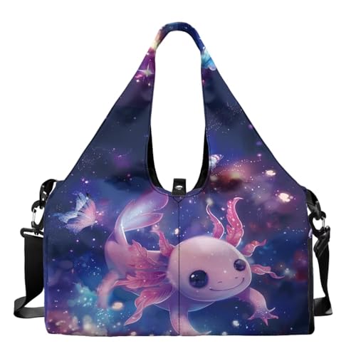 Gym Bag with Yoga Mat Holder Large Tote Bag With Multi Pockets for Women Men Dry Wet Separated Pocket Carryall Yoga Tote Bag for Pilates Travel Workout Office - color: Galaxy Axolotl