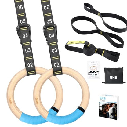 GHB Gymnastic Rings Wooden Gym Rings 1.25" Olympic Rings Adjustable Straps Pull Up Rings Sets for Workout Bodyweight Fitness Training - style: 32mm Rings & Carabiner Numbered Straps Set