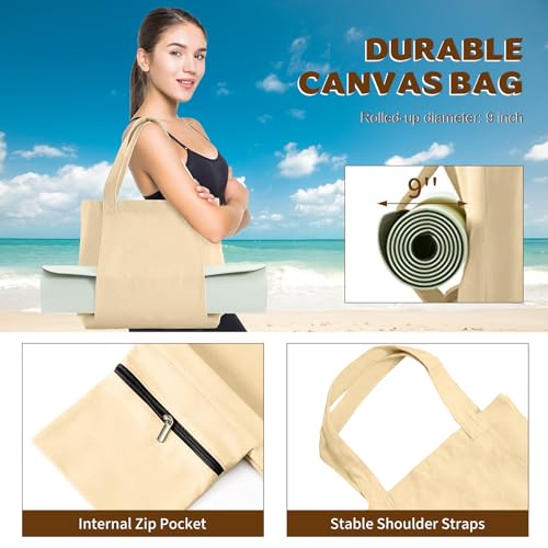 Yoga Mat Carrier, Gym Bag With Yoga Mat Holder, Women Canvas Tote With Shoulder Strap For Pilates, Travel, Office, Sports, Workout And Beach – Inner Zippered Pocket, Fits Standard And Small Mats - color: Beige