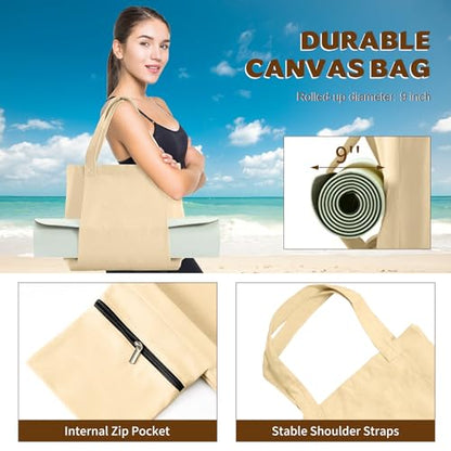 Yoga Mat Carrier, Gym Bag With Yoga Mat Holder, Women Canvas Tote With Shoulder Strap For Pilates, Travel, Office, Sports, Workout And Beach – Inner Zippered Pocket, Fits Standard And Small Mats - color: Beige