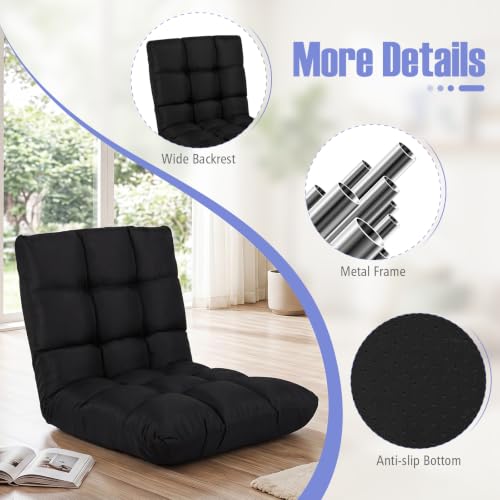 Giantex Adjustable Floor Gaming Sofa Chair 14-Position Cushioned Folding Lazy Recliner High Resilience Sponge, Breathable Cotton & Linen Fabric Sleeper Bed Couch Recliner (Black) - color: Black