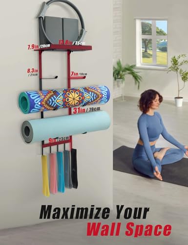 Yoga Mat Holder Wall Mount, Home Gym Storage Rack with Top Floating Shelf, 4-Tiers Holding Yoga Mat/ Blocks/ Rollers and Decorations, 5 Hooks for Resistance Bands, Skipping-Rope, Small Gym Equipment