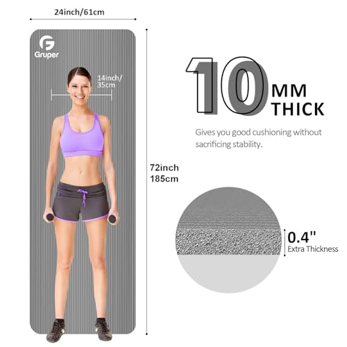 Gruper Yoga Mat Non Slip NBR Extra Thick Yoga Mat, 72"L x 32"/24"W x 0.6"/0.4"TH (185cm x 80cm/61cm x 15mm/10mm), Anti-Tear Exercise Mat with Carrying Strap and Bag, Workout Mats for Yoga, Pilates - color: Grey, size: 72 x 24 x 0.4 inches
