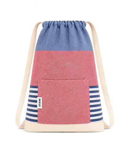 ATANI Turkish Beach Towel, Converts to a Bag, Oversized 100% Cotton Bath Towels Lightweight Quick-Dry Beach Blanket for Travel, Picnic, Camping, Yoga and Pool (Red x Navy Blue, 71 inc x 39 inc) - color: Red X Navy Blue, size: 71 inc x 39 inc