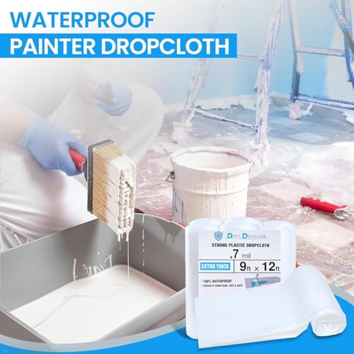 Dirt Defence Plastic Drop Cloth, 9x12 Ft 10 Pack Plastic Sheeting for Painting, Waterproof & Dust-Proof,Tear-Resistance Tarp for Painting, Floor, Furniture Cover Thick & Durable (10 PCS)