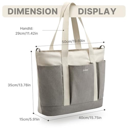 G4Free Large Canvas Tote Bag for Women with Zipper Fit 15.6" Laptop, Everything Tote Bags with Pockets for Work, Travel - color: Grey