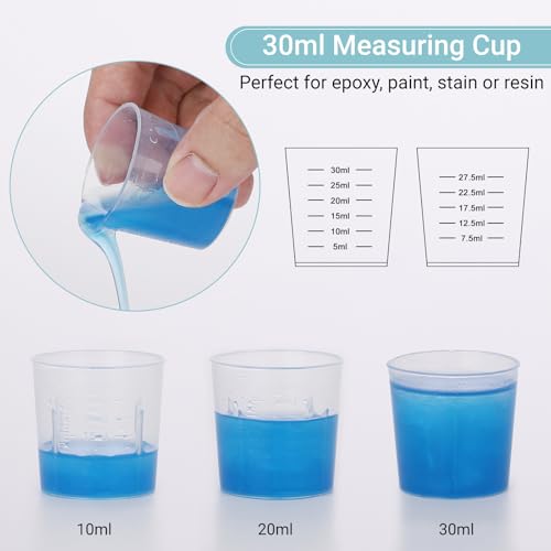 Resin Measuring Cups and Sticks, 200PCS Disposable Mixing Cups Set - 100PCS 30ml Graduated Measuring Cups and 100PCS Wooden Stir Sticks for Epoxy Resin, Glue, Paint Pouring - color: Clear cups+wooden stick, size: 30ml