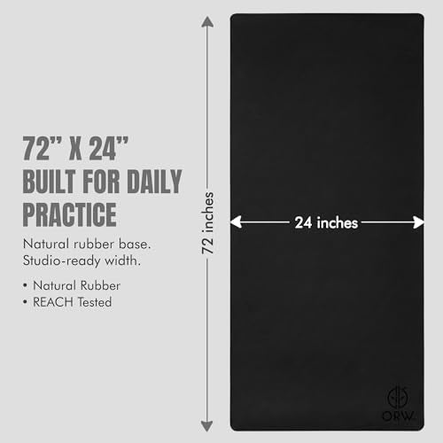 ORW Non Slip Hot Yoga Mat with Carrying Strap - Grip Surface & Natural Rubber Base, REACH Tested, Home & Studio Practice - color: Black PU Rubber Mat 72x24