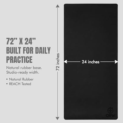 ORW Non Slip Hot Yoga Mat with Carrying Strap - Grip Surface & Natural Rubber Base, REACH Tested, Home & Studio Practice - color: Black PU Rubber Mat 72x24