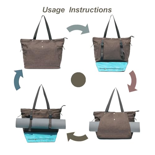 ESVAN Yoga Mat Bag, Gym Bag Tote Bag with Multi Pockets For Women Drawstring Yoga Mat Carrier Pilates Travel Workout Office - color: Linen Gray