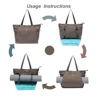 ESVAN Yoga Mat Bag, Gym Bag Tote Bag with Multi Pockets For Women Drawstring Yoga Mat Carrier Pilates Travel Workout Office - color: Linen Gray