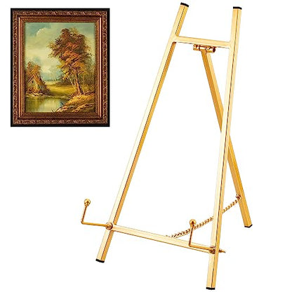 Leinuosen 2 Pcs Metal Easel Stand 16.5" H x 8.7" W x 4.3" D Table Top Easel Stand for Display Tripod Art Picture Mirror Modern Plate Holder for Display Book Photo Wedding Sign (Gold) - color: Gold