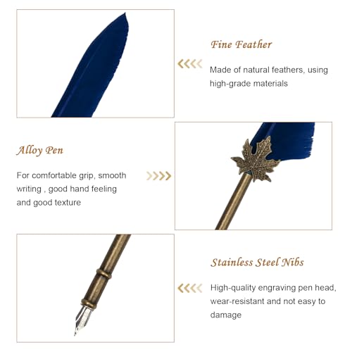 AHIER Quill Pen and Ink Set, Feather Pen Quill Pen Set Includes 5 Steel Replacement Nibs,Pen Nib Base and Dip Ink Bottle for Antique Calligraphy (Blue) - color: Blue