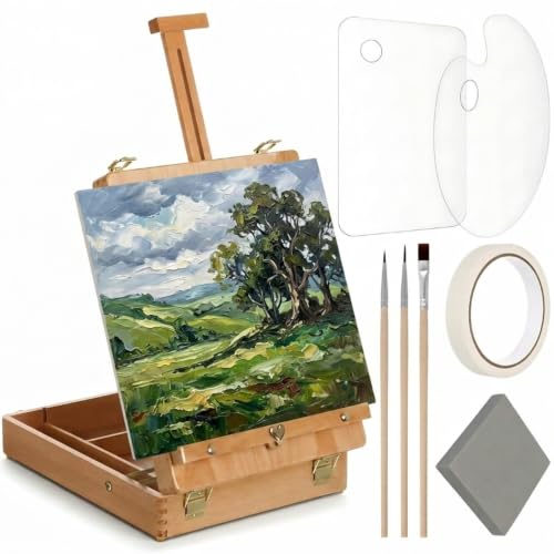 Set of 8 Painting Set Include Tabletop Easel,Palette,Brushes,Tape,Eraser | Tabletop Easel for Painting Portable Adjustable Wooden Sketch Storage Box Tabletop Art Easel Stand for Beginners Painting