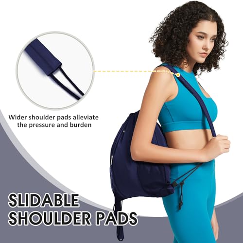 WANDF Drawstring Backpack, Gym String Bag with Shoulder Pad - color: M, Navy Blue, size: Medium