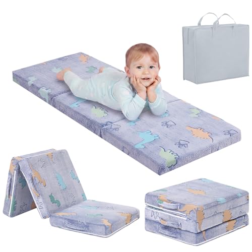 Tiita Kids Floor Mattress - Toddler Trifold Futon Mattress, Portable Foldable Play Mat for Naps and Playtime, Blue Dinosaur - color: Blue Dinosaur, size: 65"L x 24"W x 3"Th
