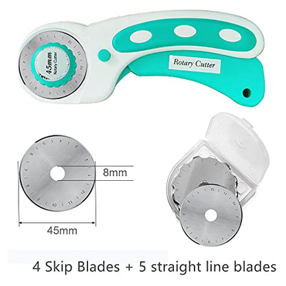 45mm Rotary Cutter with 9pcs Extra Rotary Blades, Ergonomic Rolling Cutter with Safety Lock for Fabric, Sewing, Quilting, Cloth, Paper, Leather, Crafting, Fabric Rotary Cutter (Cyan) - color: Cyan, size: 45mm