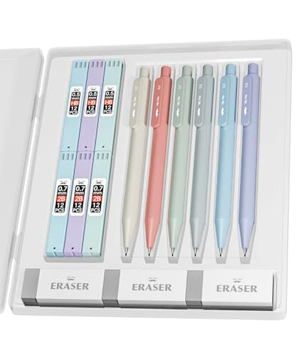 Mr. Pen- Pastel Mechanical Pencil Set with Lead Refills & Erasers, 6 Pack | 2 Sizes, 0.5 & 0.7mm, 6x Tubes HB & 2B Lead Refill, 3x Erasers for School Supplies, Note Taking, Drawing, Sketching, Office