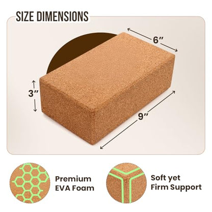 MHW - LIVE WELL Cork Yoga Block – Natural Anti-Slip Yoga Block for Stability & Deepening Poses - 9x6x3 Inches, Single (Cork, Pack of 2)