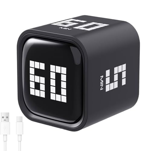 Rotating Digital Cube Timer with Gravity Sensor, 5/10/30/60 Min Preset & Custom Up to 99 Min, USB-C Rechargeable Stopwatch, Vibration Volume Mute Alert for Pomodoro Focus Study Kitchen (Black) - color: Black