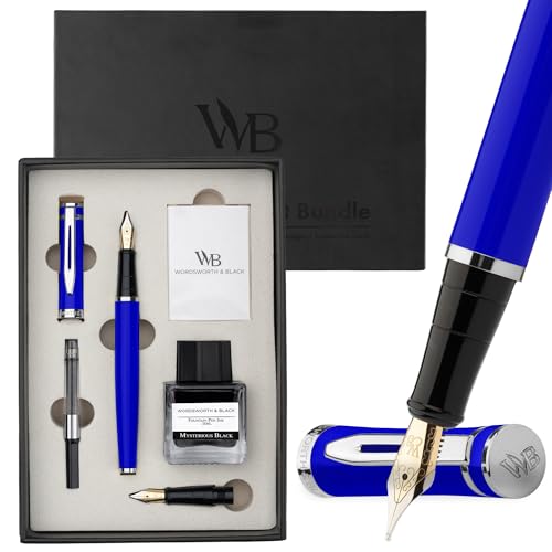 Wordsworth & Black Fountain Pen Gift Set, Medium & Extra Fine Nib, Blue | For Men & Women, Brass Body, 18K German Iridium, Ink Bottle + 6 Cartridges, Converter, Writing & Calligraphy, Journaling - color: Blue Chrome